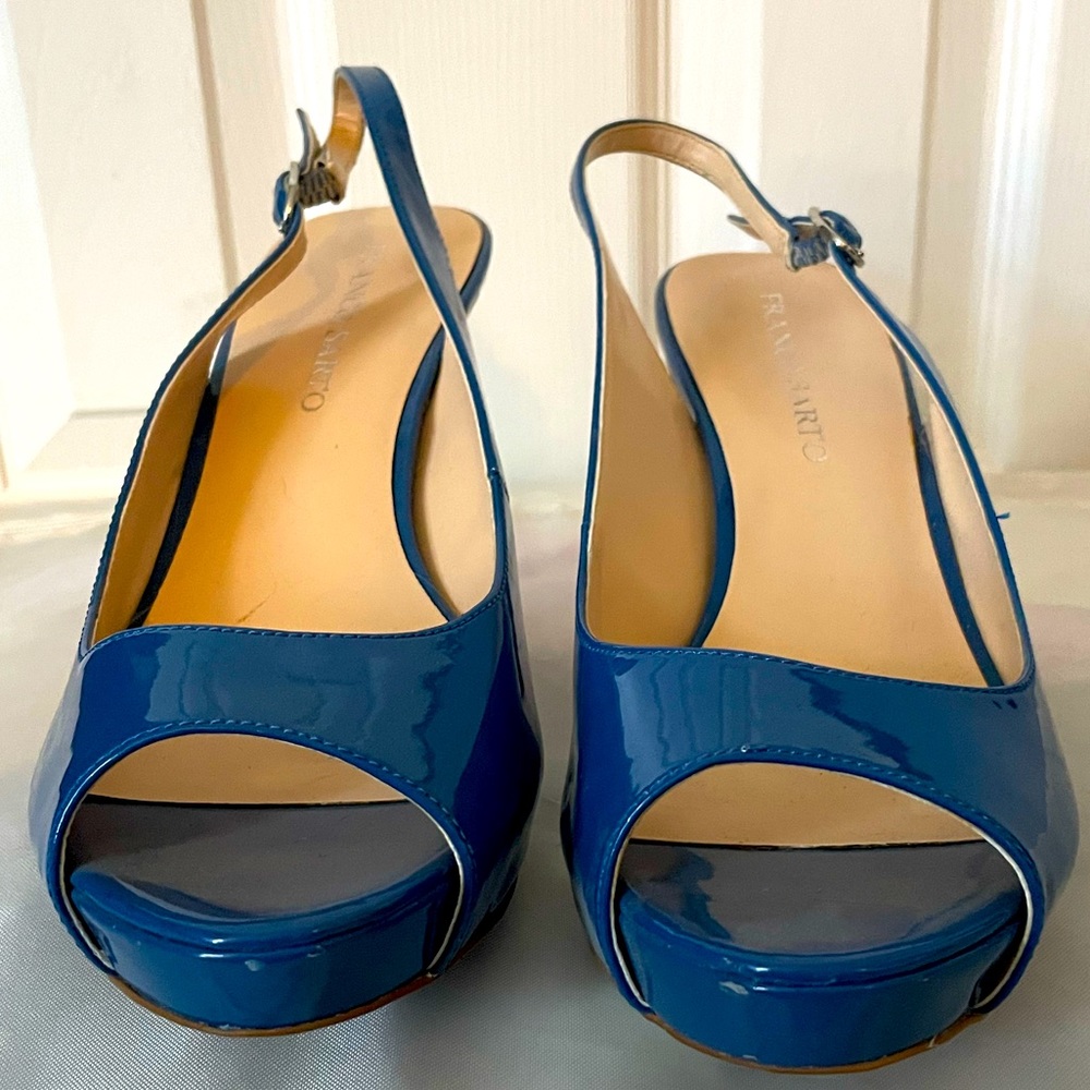 Blue patent sling back heels